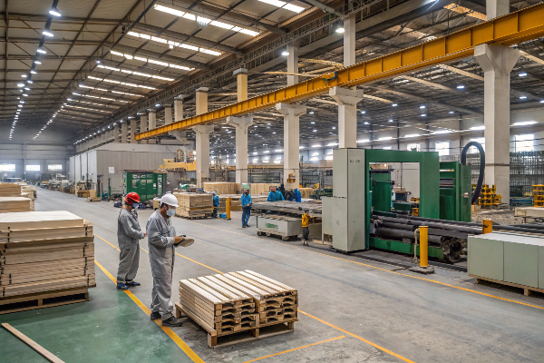 An assembly line in a factory producing building materials